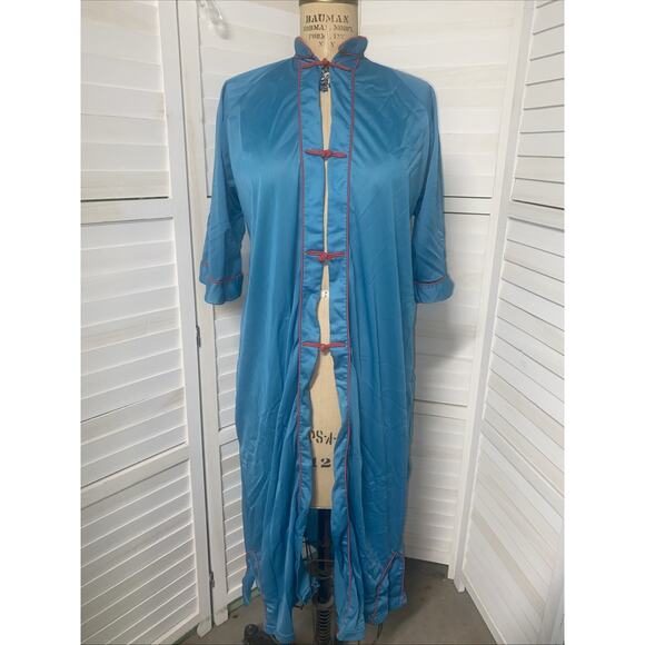 Vintage Aqua Nylon Full Length Robe Chinese Asian Theme X-Large - Picture 1 of 8